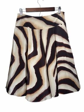 Lauren Ralph Lauren 100% Silk Brown Beige Zebra Print A-Line Skirt Size 4